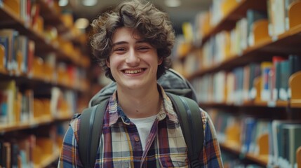 Handsome Smile student man with backpack and books in library, education, university, cheerful, college, happy, standing, school, backpack, attractive, enjoyment, confidence.