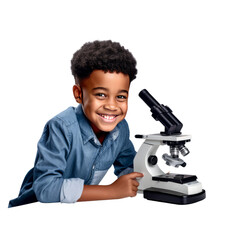 Happy black kid smiling and looking at camera using a microscope isolated on transparent background, PNG file.
