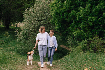 Fototapeta premium Mother with her son and a beagle dog walk hugging each other in a green park in the summer. Concept of family time, friendship, care