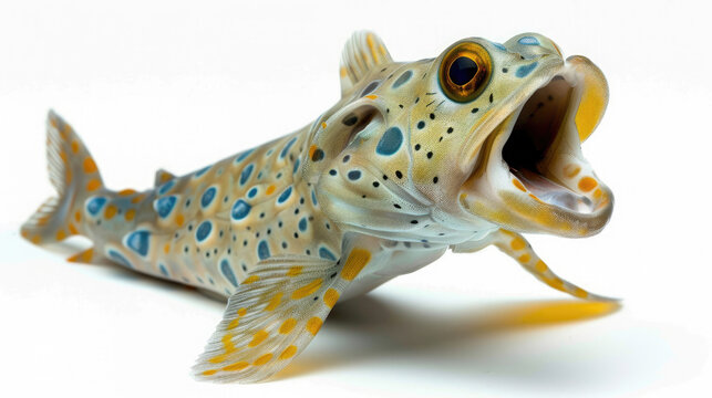 Atlantic mudskipper amphibious animal fish with open mouth and blue spots on body isolated on white background