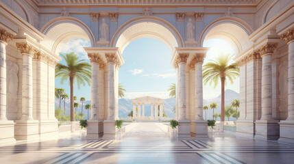 Naklejka premium Luxurious white interior of a classical building with columns, marble floors, and a view of palm trees and mountains, Generative AI.