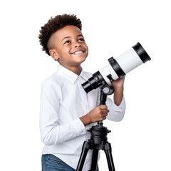 Happy black kid smiling and looking at the sky using a telescope isolated on transparent background, PNG file.