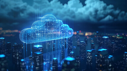 Cloud computing concept with cityscape and blue sky background 3D rendering. AI.