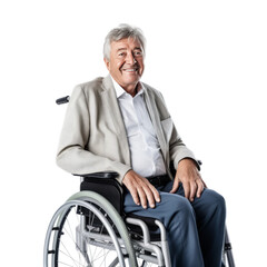 Old hoary retired man with shirt and jacket in wheelchair smiling and looking at camera isolated on transparent background, PNG file.