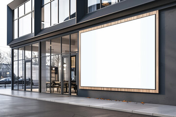 An empty billboard on the exterior wall of a modern building, presenting a mockup for advertising. Generative AI