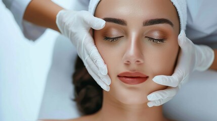 plastic surgery, beauty, Surgeon or beautician touching woman face, surgical procedure that involve altering shape of nose, doctor injection to prepare for rhinoplasty, medical assistance, health