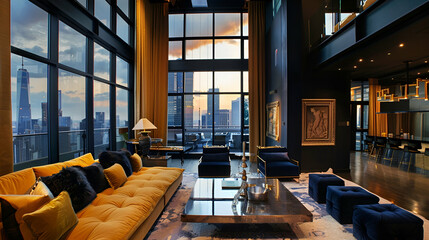modern penthouse with large windows, dark blue and gold color scheme, interior design