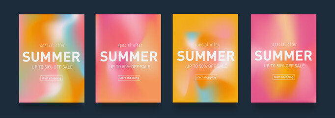 Summer Gradient Design. Set Fluid Texture with Pink, Orange, Blue Colors. Background Retro Art for Advertising, Web, Social Media, Poster, Banner, Cover. Vector Illustration