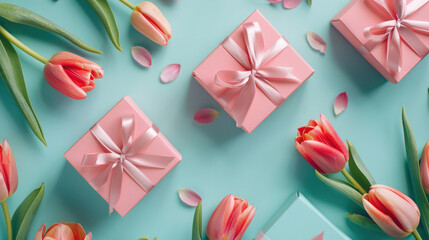 simplicity gift box with beautiful ribbon and blooming tulips flowers on bright pastel color background seen from above