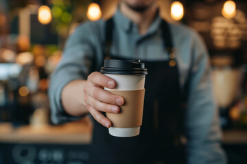 close up of hand holding paper coffee cup with black lid