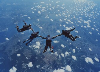 People skydiving while holding hands