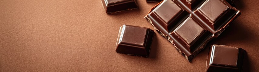 Solid brown background with chocolate bars arranged randomly, realistic, full of indulgence. Food background.