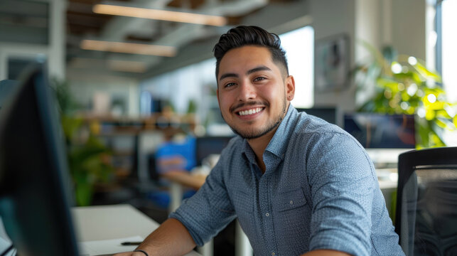 Happy and successful young latino male software engineer working at desk with computer looking front and smiling against modern office background