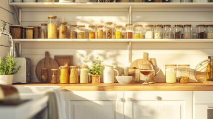 kitchenware, glass jars with beans, pasta and grains on metal green shelf at cabinet. storage food concept and order at kitchen