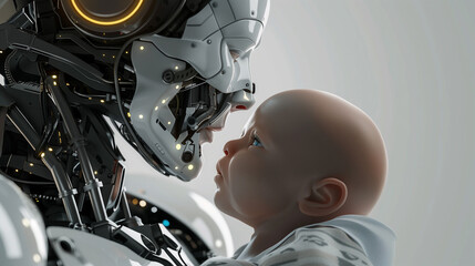 Cyborg robot holding human baby, Future robot family concept