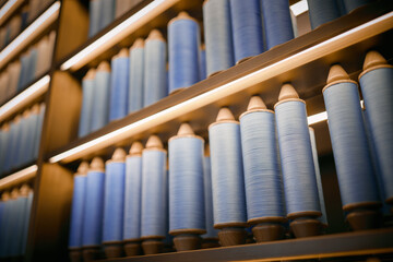 Colourful Thread Spools. Organised shelves filled with gradient thread spools