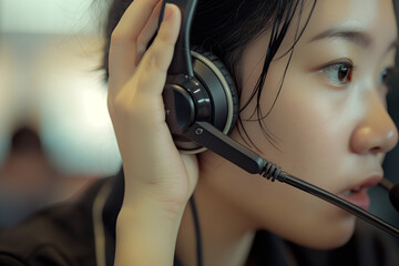 a closeup of woman's hand holding the cable and headset to wear it on her ear while working online customer service or support 
