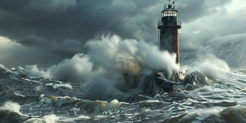 A lighthouse in the sea storm with winds 