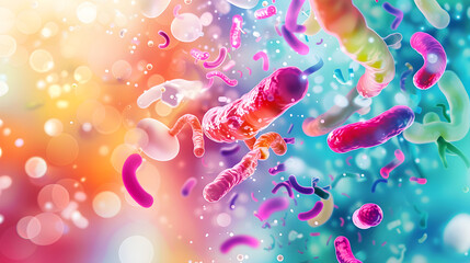 A colorful image of bacteria and viruses in a body. Scene is chaotic and overwhelming