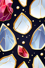 seamless pattern of geode crystal, ruby, pearl, gold water drops surrealistic illuminating illustration