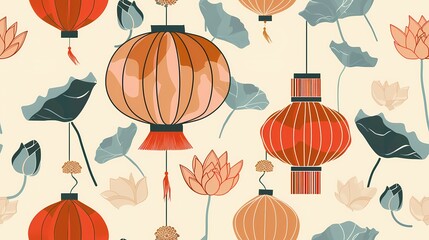 Fototapeta na wymiar Colorful lanterns and leaves pattern evoking an Asian inspired aesthetic