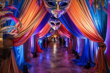 A lavish masquerade ball with bold, dramatic drapery and vibrant, oversized masks