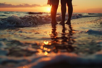 A young couple silhouette against the setting sun, embracing gently on the seashore, with waves lapping at their feet