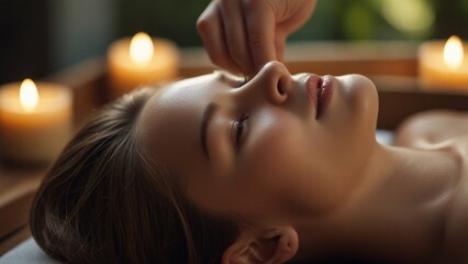 Close-up of youthful woman indulges in facial massage at spa for rejuvenating beauty treatment and relaxation..