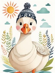 Floral Cute Baby Goose Nursery Generative AI Illustration 