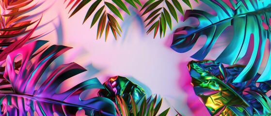 Bright colorful tropical leaves with metallic effect art style on white background  created with Generative AI Technology