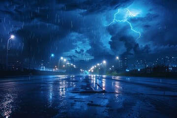 Dramatic background of the night sky with thunderstorm ad lightning. Smoke, fog, smog against the background of the city landscape. Natural night landscape, night sky, wet asphalt, puddles