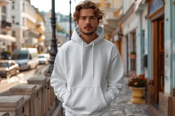 Obraz premium Young adult male standing in urban setting wearing a casual white hoodie; serious expression