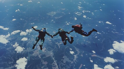 People skydiving while holding hands