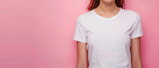 chin to body t-shirt product mockup of a vintage girl model wearing a white t-shirt on a wide pastel pink background created with Generative AI Technology