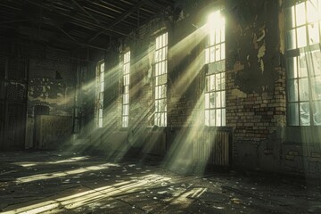 An old, abandoned building, with shafts of light filtering through broken windows, highlighting the textures and decay