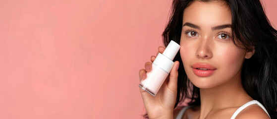 young beautiful girl with black hair and perfect smooth skin posing in front of the camera and holding a white cosmetic bottle mockup in pastel colored studio created with Generative AI Technology