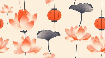 Illustration of lotus blooms and lanterns in a serene oriental pattern
