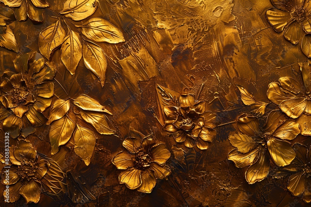 Sticker Vintage floral oil painting with golden brushstrokes, leaves