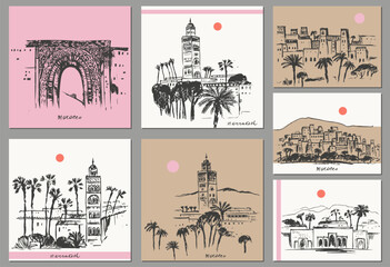 Hand drawn ink Morocco sketches. City street drawing with oriental architecture, palm trees, hills, sun