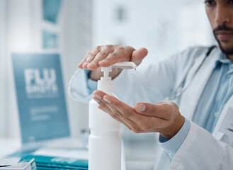 Doctor, man and hands with sanitizer for health safety, bacterial and germ removal at laboratory....