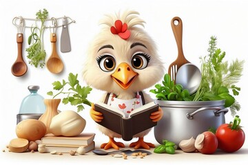 A cute cartoon chicken wearing an apron