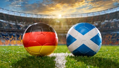Two soccer balls with country flags from german and Scotland placed against each other on the green grass in a stadium for the European Championship