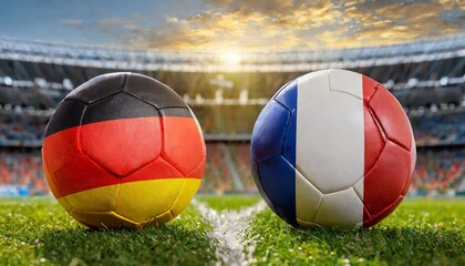 Two soccer balls with country flags from german and france placed against each other on the green grass in a stadium for the European Championship