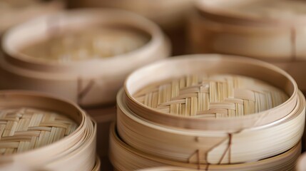 Stacks of bamboo steamers awaiting a feast - obrazy, fototapety, plakaty