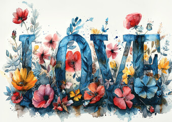 Word "love" lettering on a card, using white and blue colors, decorated with flowers.