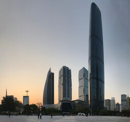 office buildings at dusk