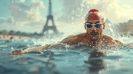 Swimmer and Eiffel tower, France, Swimming sport Olympic games 2024