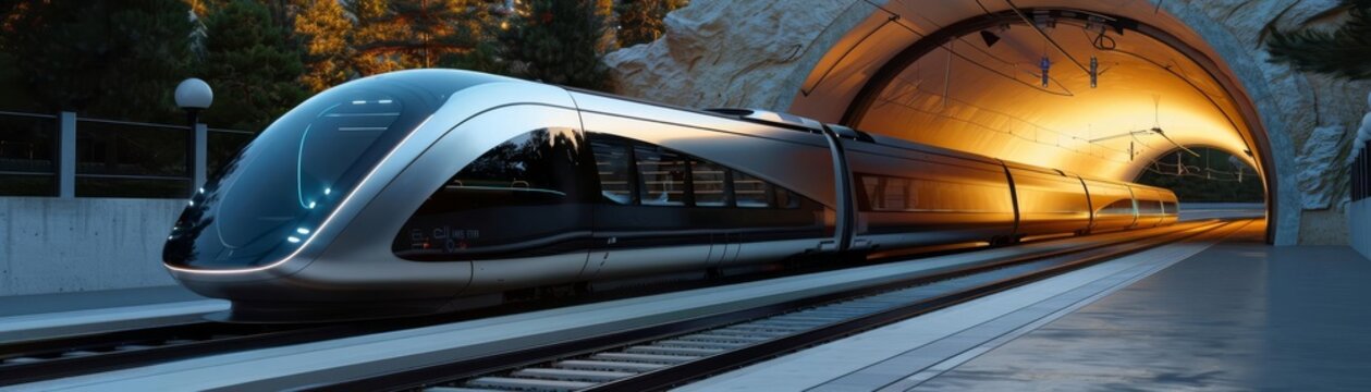 A conceptual hyperloop train exiting a tunnel, its design sleek and streamlined, demonstrating cuttingedge magnetic propulsion technology
