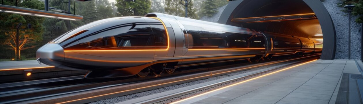 A conceptual hyperloop train exiting a tunnel, its design sleek and streamlined, demonstrating cuttingedge magnetic propulsion technology
