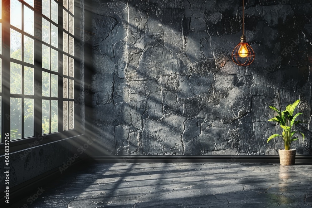 Poster a serene setting featuring sunlight filtering through a window, casting patterns on an empty dark ro